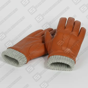 Gants d'hiver en cuir marron pour hommes avec doublure en laine, gants chauds coupe-vent en peau de mouton avec poignets côtelés - Product Image 4