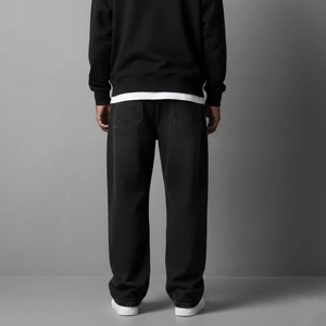 Jean droit noir pour homme avec logo brodé flamme sur la jambe droite, taille élastique, en coton délavé, style décontracté pour l'automne - Product Image 6