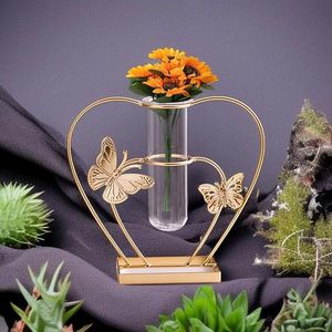 Golden Heart Shape Butterfly Metal <b>Vase</b> With <b>Clear</b> Glass Tube For Tabletop Decor - Product Image 5