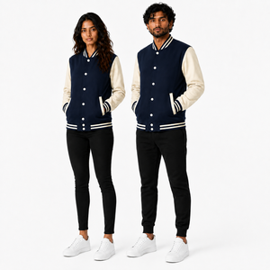 Chaqueta Varsity Unisex Azul Marino de Lana, Cortavientos, con Cuello Alto, Logotipo Frontal, Estilo Casual, Cierre de Botones Cubiertos, Corte Regular, para Invierno - Product Image 4