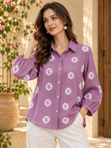 Blusa de manga larga con estampado de lunares morados para mujer, con espalda fruncida y mangas abullonadas, camisa informal con cuello tipo camisa - Product Image 3
