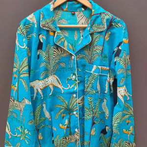 Camisones de Mujer con Estampado Animal, Conjunto de Dos Piezas, Tejido, para Dormir, Casual, de Verano, Suaves, Transpirables, 100% Algodón, Largo hasta la Rodilla, Manga Larga - Product Image 1