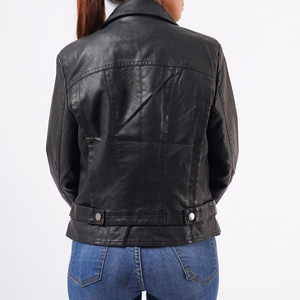 Women's Black PU Leather Moto <b>Jacket</b> Full <b>Sleeve</b> Spread Collar Zipper Closure <b>Short</b> Length Autumn Style - Product Image 3
