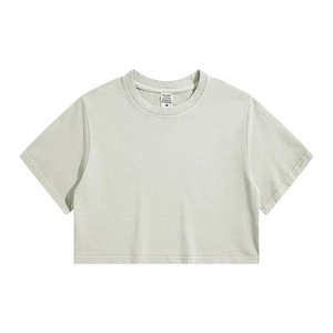 Women's <b>Light</b> Green Crop Top Short Sleeve Crew Neck Loose Fit Casual Solid Color 100% Cotton Jersey Breathable Knitted <b>T</b>-Shirt - Product Image 1