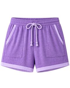 Conjunto de Salón para Mujer Lavender, Morado con Ribete en Contraste, Manga Corta, Informal, de Verano, Dos Piezas, Suave y Transpirable, Mezcla de Algodón - Product Image 3