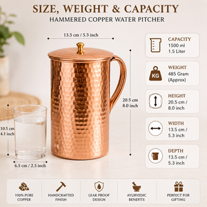Hammered Pure Copper Water Pitcher with Lid 1.5L Handcrafted Copper Water <b>Jug</b> Ayurvedic <b>Drinking</b> Pitcher Kitchen Home Hotel Gift - Product Image 4
