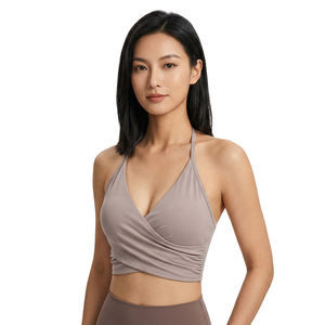 Sujetador deportivo halter con cuello en V profundo para mujer, diseño sin costuras con torsión, soporte medio, top de color liso, spandex y poliéster - Product Image 2