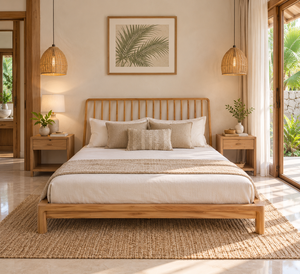 Solid Teak <b>Wood</b> Platform <b>Bed</b> Frame Spindle <b>Headboard</b> Nordic Modern Bedroom Furniture for Villa Hotel - Product Image 1