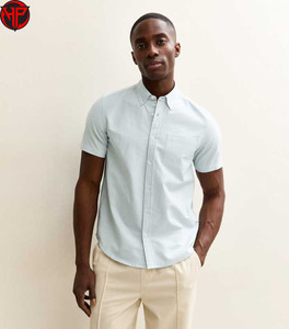 Camisa de Vestir Casual de Manga Corta para Hombre, Color Azul Claro, con Botones y Bolsillo en el Pecho, Camisa con Logotipo Personalizado, Camisa de Popelina de Algodón Tejida - Product Image 1