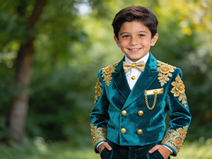 Traje de esmoquin bordado de terciopelo burdeos para niños, conjunto de traje formal para bodas y fiestas - Product Image 1