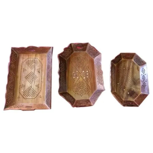 Juego de 3 bandejas de servir de madera de Sheesham hechas a mano, plato decorativo de madera tallada para té y café, estilo marroquí antiguo, decoración para el hogar. - Product Image 1