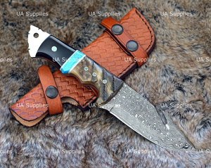 Cuchillo de acero de Damasco con gancho para tripas, hoja fija de punta caída, 0.5mm de grosor, para camping y bushcraft, con incrustaciones de turquesa y mango de cuerno de carnero, con funda de cuero - Product Image 5