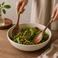 Juego de Utensilios para Ensalada de Madera de Acacia Ecológica Hechos a Mano de Lujo, con Asas de Latón Dorado, Cuchara y Tenedor Modernos para Servir, Uso Doméstico y Hotelero