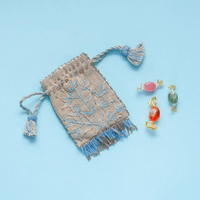 KOTAK DOMPET KAIN LINEN BUATAN TANGAN DENGAN HIASAN BUNGA, TALI SERUT, BORDRAN, Rumbai, MANIK-MANIK, UNTUK UANG KEMBALI/PERMEN, BERGAYA SENI INDIA YANG EKZOTIS