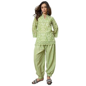 Women's Printed Short <b>Linen</b> Kurti with Farshi Salwar Indian Ethnic Wear - Product Image 1