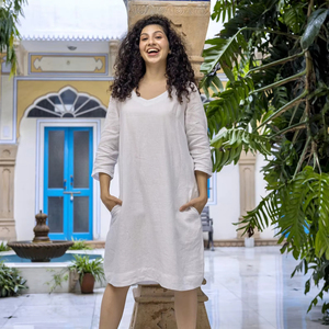 <b>Boho</b> Style Cotton Linen Mini <b>Dress</b> Round Neck 3/4 Sleeve Loose Comfortable <b>Summer</b> Maxi <b>Dress</b> With Pockets - Product Image 1