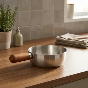 Mini poêle à huile en acier inoxydable avec poignée en bois, petite poêle Tadka pour tempérer les épices, faire chauffer le ghee et le beurre, poêle à sauce de cuisine - Product Image 5