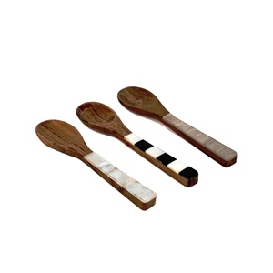 Ensemble de cuillères à salade en bois avec manche incrusté de nacre, 3 pièces, ustensiles de service décoratifs - Product Image 1