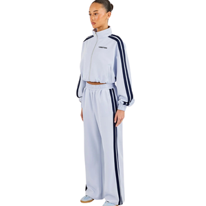 <b>Womens</b> Cropped Full Zip Stand Collar Tracksuit Set Side Stripes Wide Leg Trousers Elastic Waist 2 Piece <b>Lounge</b> Streetwear Outfit - Product Image 1