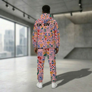 Conjunto deportivo de 2 piezas con logotipo personalizado al por mayor, chándal con estampado por sublimación AOP, chaqueta con capucha y cremallera para hombre y pantalones. - Product Image 4