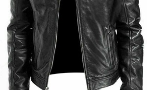 Veste de moto en cuir véritable noir de haute qualité pour homme, col montant, fermeture éclair, coupe ajustée, pour l'automne - Product Image 5