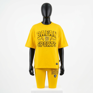 Women activewear <b>tshirt</b> leggings set 220 GSM cotton polyester fabric <b>yellow</b> solid puff print logo Women's Sets - Product Image 1