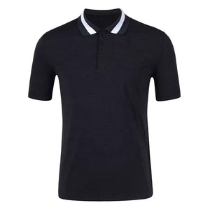 Camisa de Hombre de Manga Corta, Cuello Alto, Tejido a Rayas, Corte Regular, Diseño Casual, Color Negro y Beige, Patrón de Bloques de Color en Contraste - Product Image 2