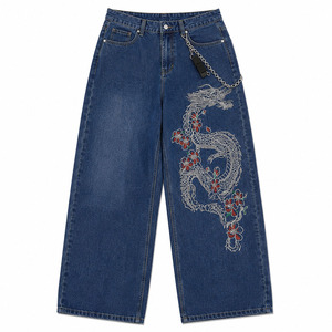 Vaqueros Anchos Personalizados con Bordado para Hombre, Estilo Vintage Lavado, Pantalones de Mezclilla de Pierna Ancha, Streetwear con Bordado de Dragón, Ajuste Holgado, Vaqueros Hip Hop - Product Image 1