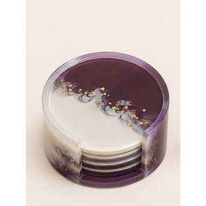 Juego de Posavasos de Resina Epoxi Personalizados con Soporte, Posavasos Redondos Hechos a Mano con Diseño de Mármol Morado y Lámina Dorada para Decoración de Bar en Casa - Product Image 1