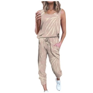 Women White Blue Gold <b>Chain</b> Belt Print Two Piece Set Sleeveless Tank <b>Top</b> Drawstring Pocket Jogger Pants Luxury Casual Lounge Set - Product Image 6