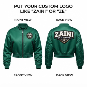 Women Crop Top Bomber Jacket Windproof Winter Premium Satin Fabric 120 GSM <b>Green</b> Ribbed Hem Cuffs Custom Embroidered Patch Logo - Product Image 1