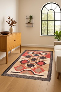 Alfombra Kilim Geométrica Hecha a Mano, Rectangular, Tejido Plano, Lana Acrílica, Alfombra para Sala de Estar - Product Image 3