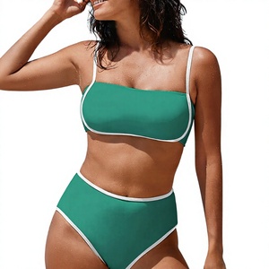 Ensemble de bikini bandeau vert pour femme, maillot de bain deux pièces taille haute avec bordure contrastante, extensible, couleur unie - Product Image 3