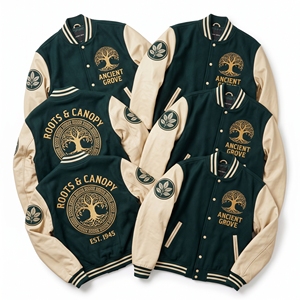 Blouson universitaire personnalisé bleu marine en laine avec manches en cuir marron, broderie double corbeau et lettres en relief, style Letterman - Product Image 6