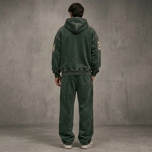 Men's Oversized Dark Green Acid Wash Hoodie Tracksuit <b>Sets</b> Heavyweight Streetwear Cotton <b>Jogger</b> <b>Matching</b> Sweat Suit Custom - Product Image 2