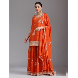 Conjunto de Top, Pantalón Palazzo y Dupatta de Seda Chinon Pesada con Bordado de Lentejuelas, Traje Pakistaní de Alta Costura - Product Image 1