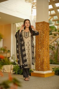 Traditional Indian <b>Pakistani</b> Women's <b>Black</b> Beige Embroidered Ankle-Length Cotton <b>Dress</b> Set Casual Wear All Seasons - Product Image 4