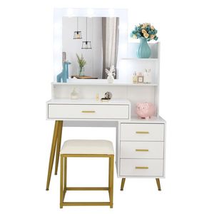 Grand ensemble de coiffeuse avec 9 ampoules LED, tabouret rembourré, 3 étagères de rangement, 4 tiroirs, bureau de maquillage et commode - Product Image 4