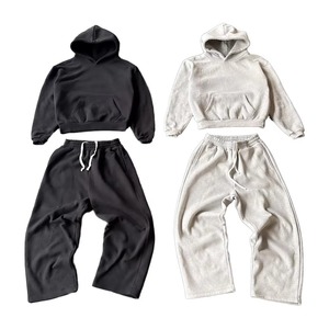 Ensemble de survêtement unisexe à capuche de couleur unie, coupe décontractée, manches longues, pantalon à cordon de serrage, 100 % coton, pour l'automne, prix de gros - Product Image 1