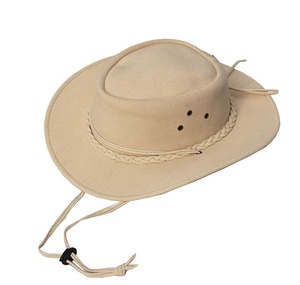 Gorra estilo occidental australiano, plegable, ligera, de cuero y gamuza, construcción bicolor, ojales integrados, correa de cuero extraíble para la barbilla. - Product Image 1