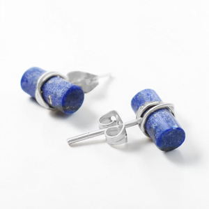 Lapis Lazuli Cylinder <b>Stud</b> <b>Earrings</b> Silver Plated Brass Natural Gemstone Minimalist Cabochon Bar <b>Earrings</b> Wholesale - Product Image 2