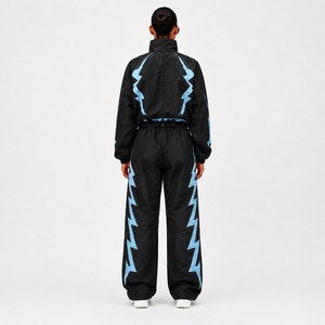 Survêtement pour femme noir et bleu à imprimé géométrique, fermeture éclair intégrale, col montant, coupe ample, style streetwear, printemps, 100 % polyester - Product Image 2