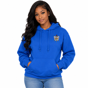 Sudadera con Capucha Azul Rey para Mujer, con Diseño de Emblema Multicolor Pequeño en el Pecho, Manga Larga y Cordón Ajustable - Product Image 1