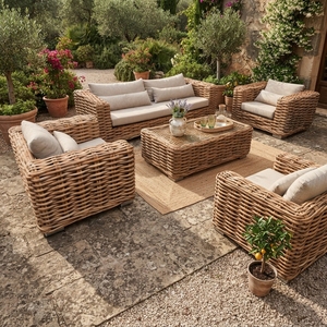 Handcrafted L Shaped Wicker Sectional <b>Sofa</b> Set Cushioned Woven <b>Rattan</b> Chaise Lounger Furniture for Outdoor Patio and Living Room - Product Image 5