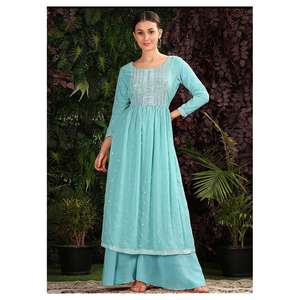 TENDANCE GEORGETTE SEQUENCE BRODERIE TRAVAIL TOP PALAZZO AVEC DUPATTA VERT DE MER - Product Image 1