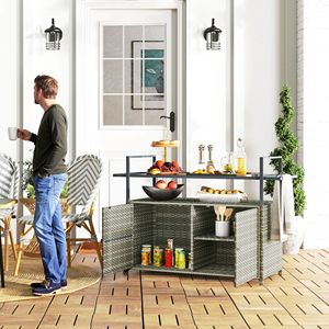 Tavolo da Bar a 2 Livelli in Rattan PE per Esterni con Piano in Vetro, Carrello di Servizio Pieghevole Grigio Misto per Patio, Giardino e Sala da Pranzo - Product Image 2