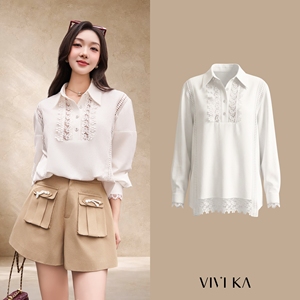 Women's Linen Ivory Lace <b>Patchwork</b> Long Sleeve Blouse Vintage Collared Loose Fit <b>Shirt</b> Elegant Floral Crochet Top KEIRA - Product Image 1