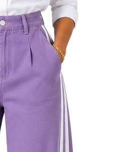 Jean en denim violet lavande pour femme, taille haute, coupe large, avec bande latérale blanche, coupe ample, en coton, pantalon décontracté et tendance - Product Image 6