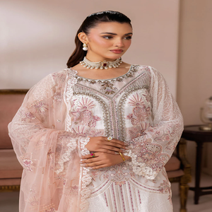 <b>White</b> Embroidered Ramsha Satrangi Quick Dry Salwar Kameez Pink Dupatta Wedding Dress Women Elegant FloorLength Indian Pakistani - Product Image 2