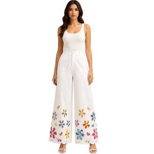 White Wide Leg Embroidered Palazzo Pants For Women Colorful Floral Cutwork High Waist Cotton Casual <b>Trousers</b> Custom OEM Apparel - Product Image 1